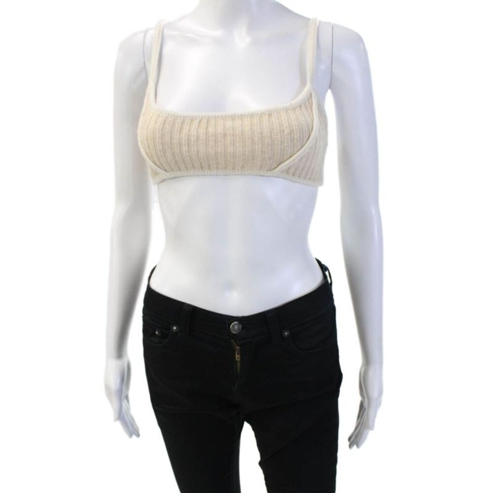 Guizio Women Crop Top Beige Sleeveless Round Neck Wool Blend Size S